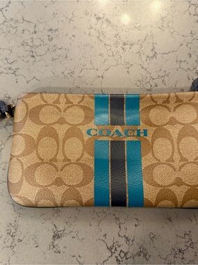 Coach Signature Canvas Wristlet with Blue and Navy Stripes